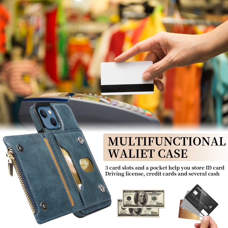 For iPhone 13 Zipper Wallet Bag PU Back Cover Shockrpoof Phone Case with Holder & Card Slots & Wallet