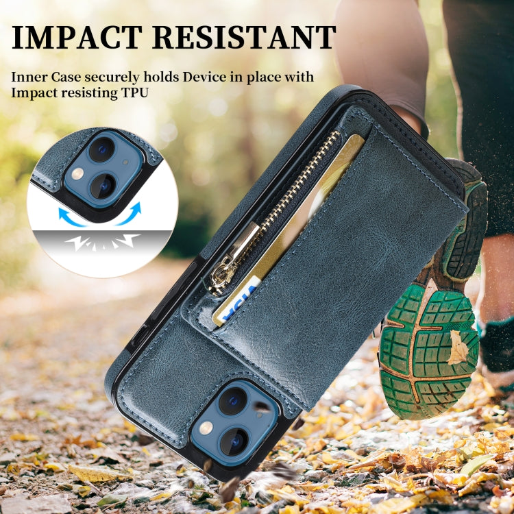 For iPhone 13 Zipper Wallet Bag PU Back Cover Shockrpoof Phone Case with Holder & Card Slots & Wallet