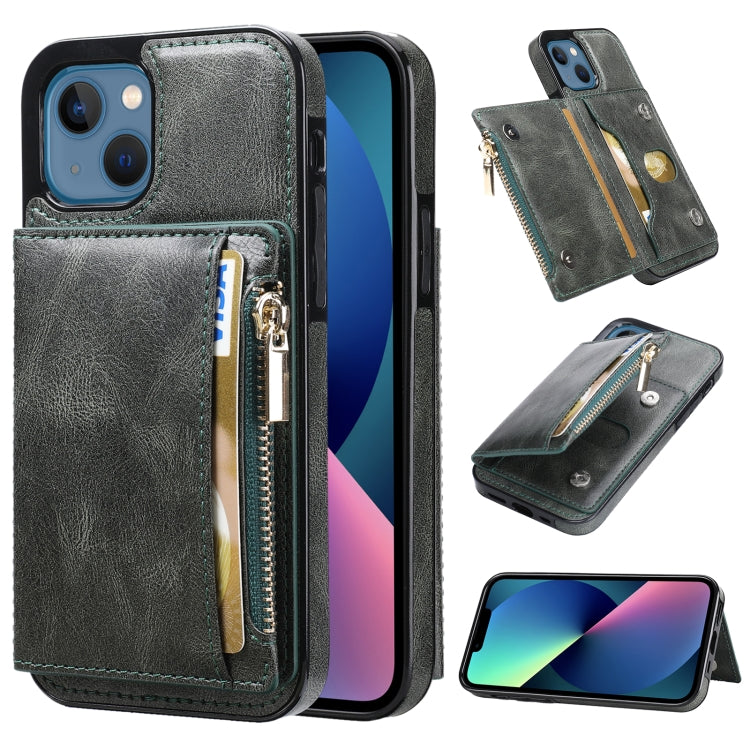 For iPhone 13 Zipper Wallet Bag PU Back Cover Shockrpoof Phone Case with Holder & Card Slots & Wallet