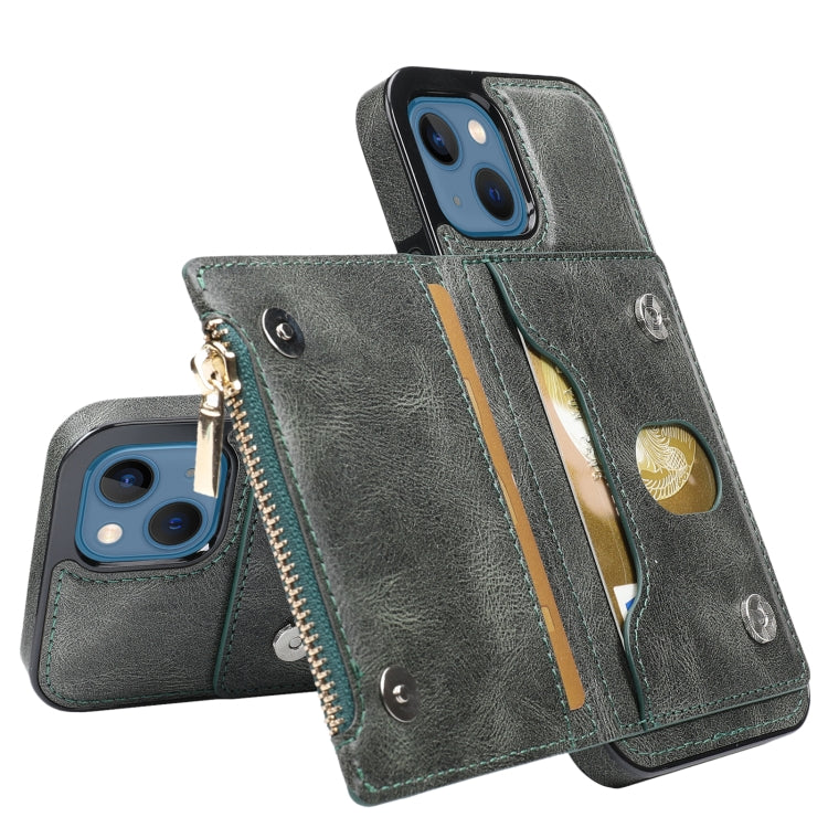 For iPhone 13 Zipper Wallet Bag PU Back Cover Shockrpoof Phone Case with Holder & Card Slots & Wallet