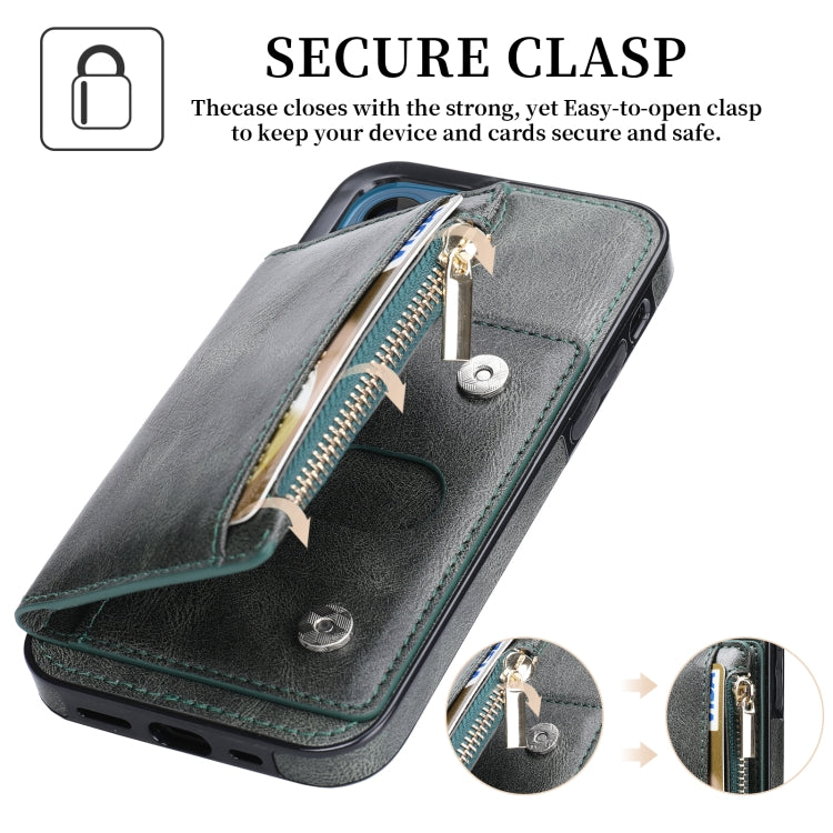 For iPhone 13 Zipper Wallet Bag PU Back Cover Shockrpoof Phone Case with Holder & Card Slots & Wallet