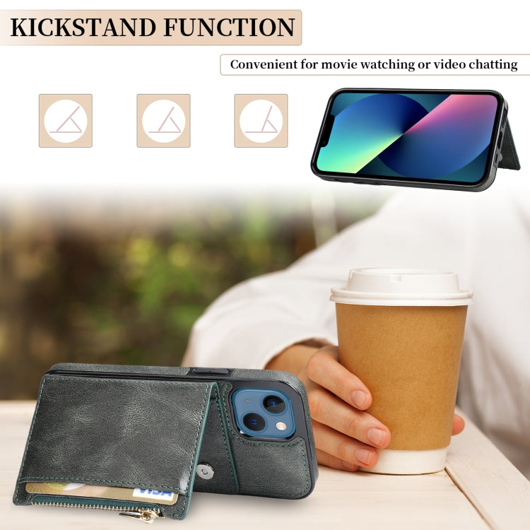 For iPhone 13 Zipper Wallet Bag PU Back Cover Shockrpoof Phone Case with Holder & Card Slots & Wallet