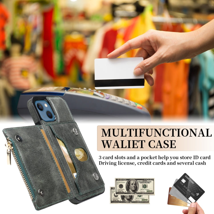 For iPhone 13 Zipper Wallet Bag PU Back Cover Shockrpoof Phone Case with Holder & Card Slots & Wallet