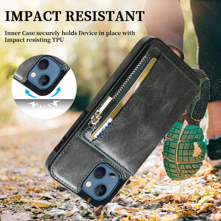 For iPhone 13 Zipper Wallet Bag PU Back Cover Shockrpoof Phone Case with Holder & Card Slots & Wallet