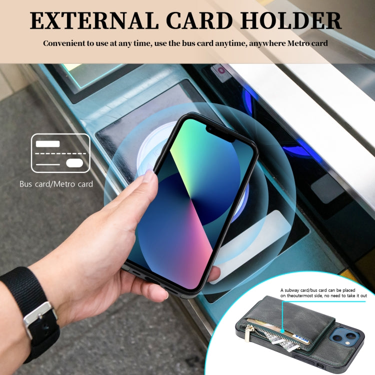 For iPhone 13 Zipper Wallet Bag PU Back Cover Shockrpoof Phone Case with Holder & Card Slots & Wallet