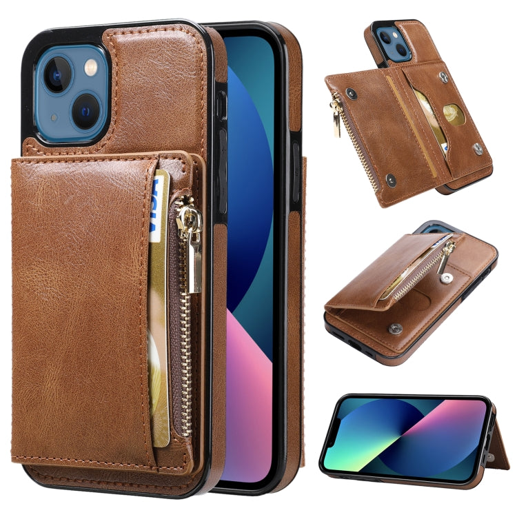 For iPhone 13 Zipper Wallet Bag PU Back Cover Shockrpoof Phone Case with Holder & Card Slots & Wallet