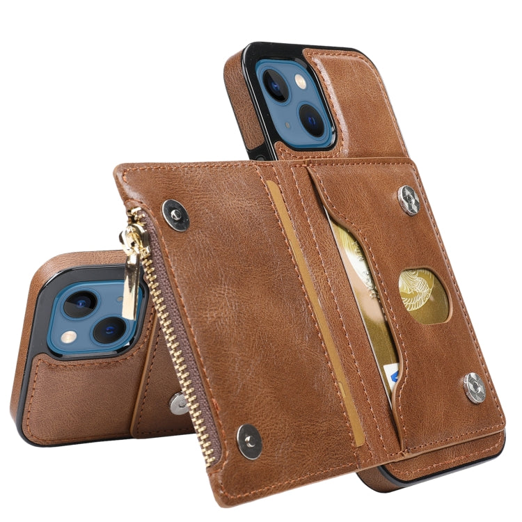 For iPhone 13 Zipper Wallet Bag PU Back Cover Shockrpoof Phone Case with Holder & Card Slots & Wallet
