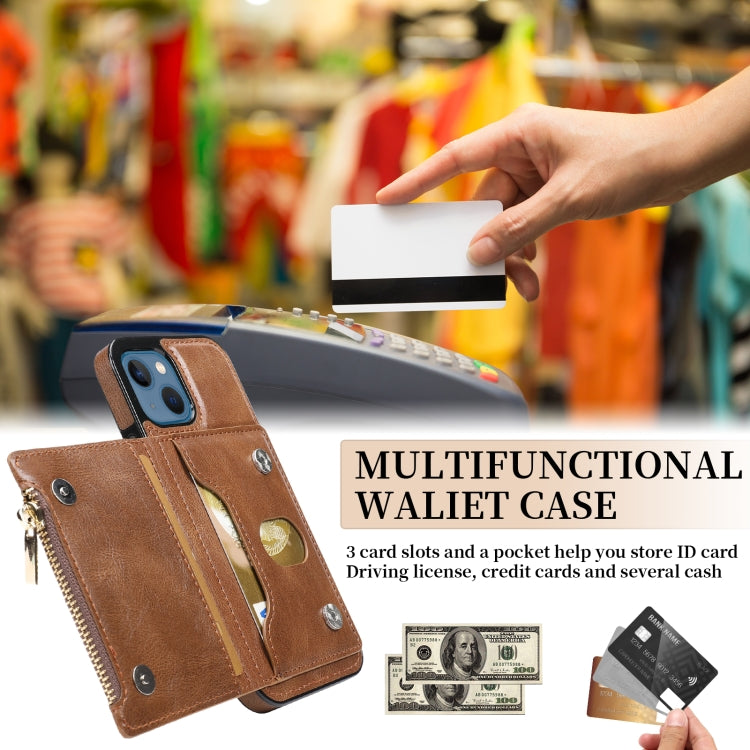 For iPhone 13 Zipper Wallet Bag PU Back Cover Shockrpoof Phone Case with Holder & Card Slots & Wallet