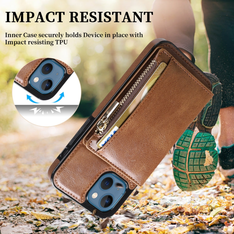 For iPhone 13 Zipper Wallet Bag PU Back Cover Shockrpoof Phone Case with Holder & Card Slots & Wallet