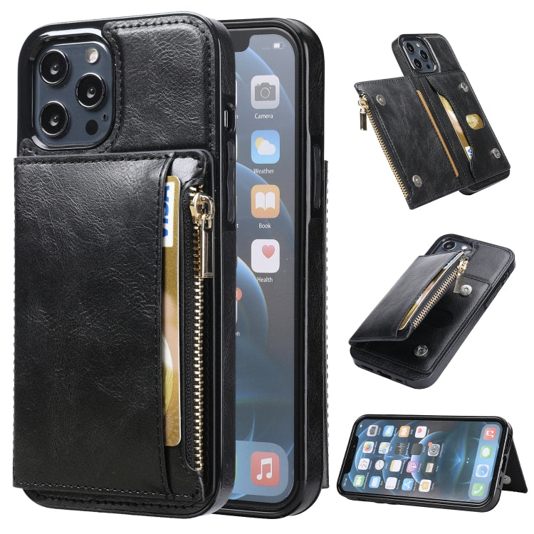 For iPhone 13 Pro Zipper Wallet Bag PU Back Cover Shockrpoof Phone Case with Holder & Card Slots & Wallet