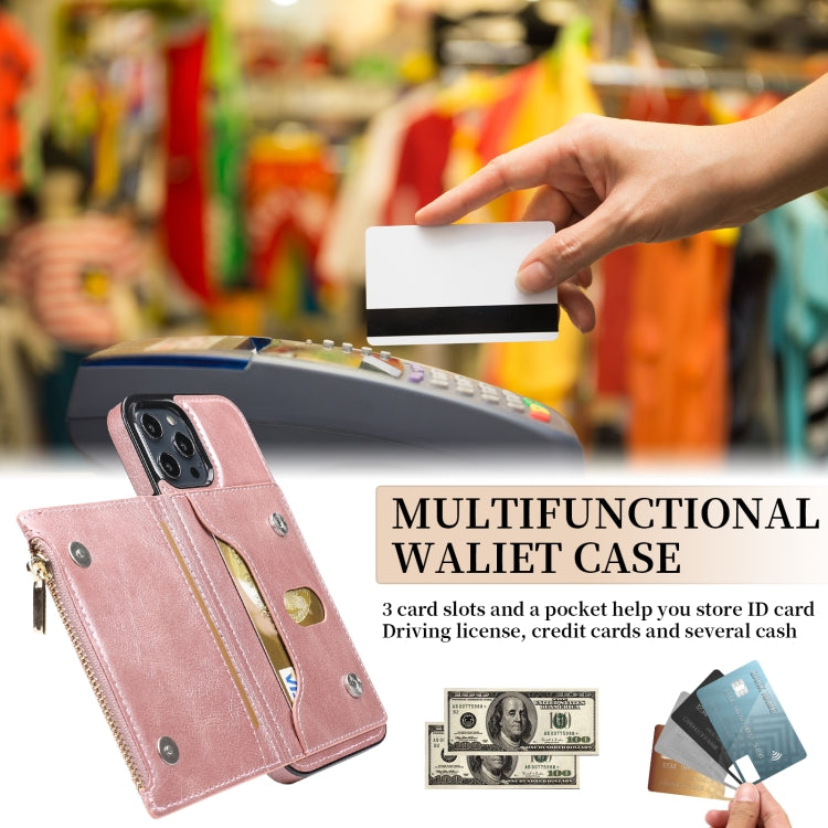 For iPhone 13 Pro Zipper Wallet Bag PU Back Cover Shockrpoof Phone Case with Holder & Card Slots & Wallet