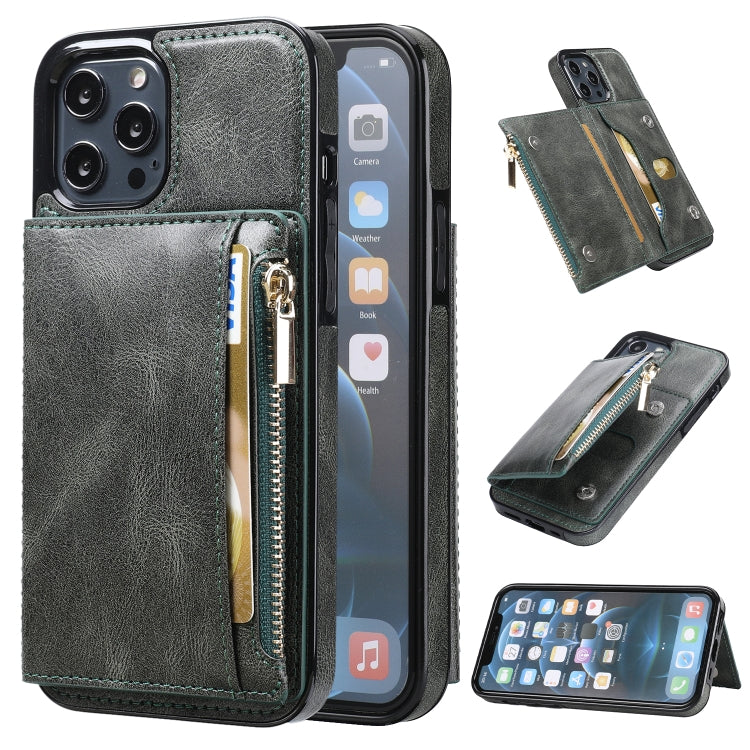 For iPhone 13 Pro Zipper Wallet Bag PU Back Cover Shockrpoof Phone Case with Holder & Card Slots & Wallet