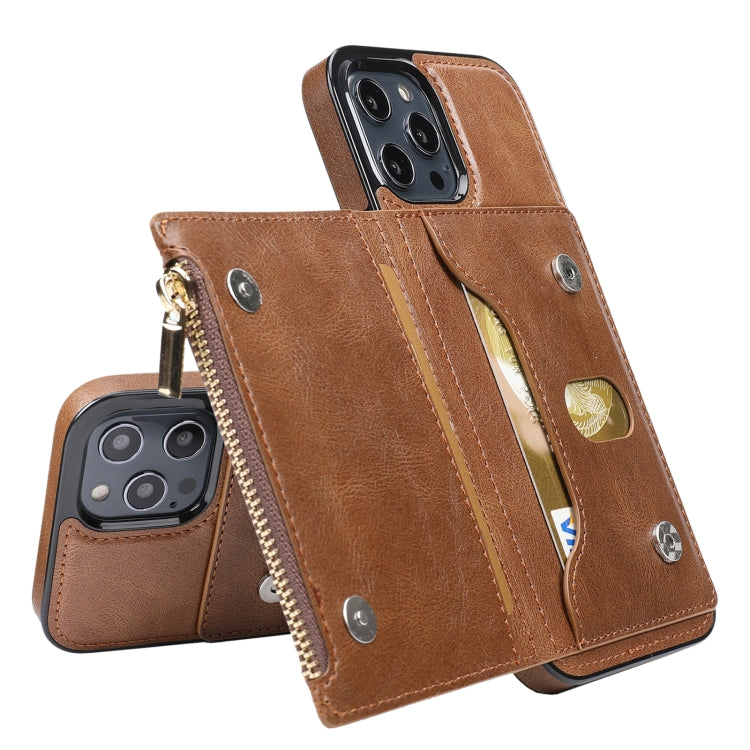 For iPhone 13 Pro Zipper Wallet Bag PU Back Cover Shockrpoof Phone Case with Holder & Card Slots & Wallet