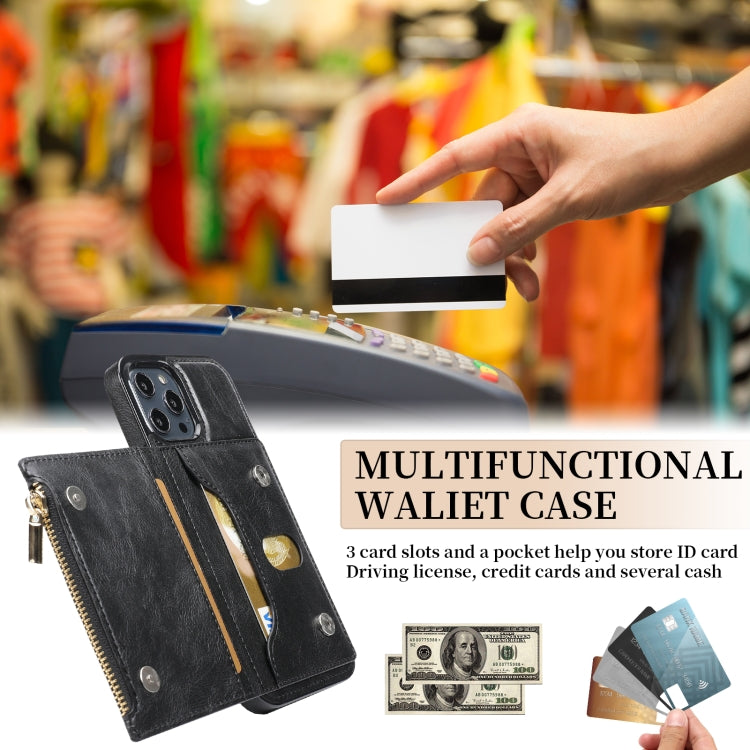 For iPhone 13 Pro Max Zipper Wallet Bag PU Back Cover Shockrpoof Phone Case with Holder & Card Slots & Wallet