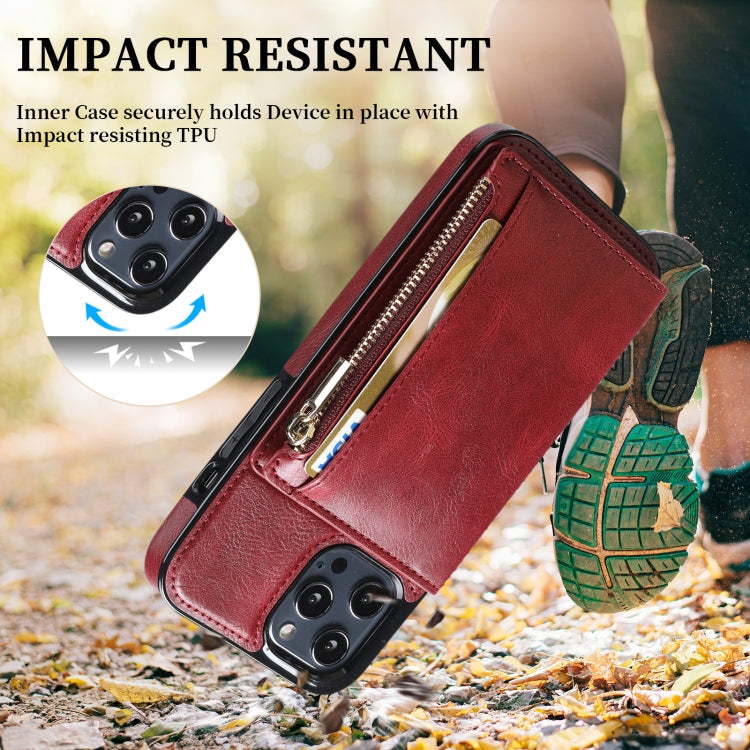 For iPhone 13 Pro Max Zipper Wallet Bag PU Back Cover Shockrpoof Phone Case with Holder & Card Slots & Wallet