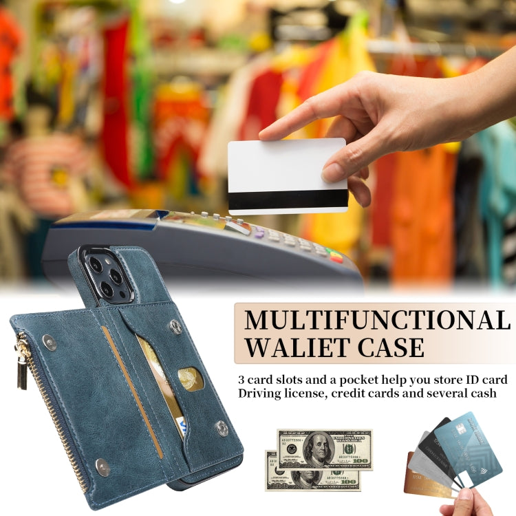 For iPhone 13 Pro Max Zipper Wallet Bag PU Back Cover Shockrpoof Phone Case with Holder & Card Slots & Wallet