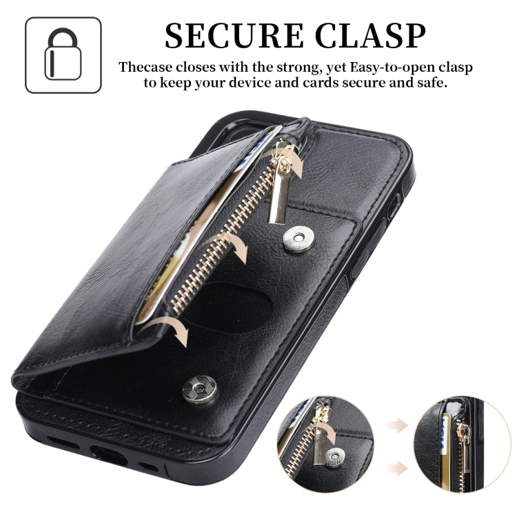 For iPhone 12 mini Zipper Wallet Bag PU Back Cover Shockrpoof Phone Case with Holder & Card Slots & Wallet
