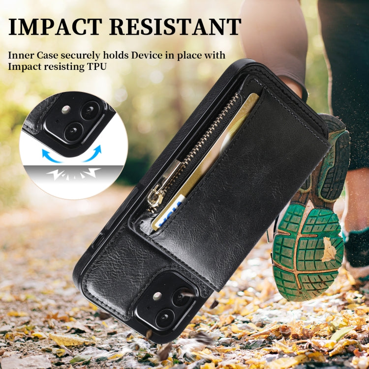 For iPhone 12 mini Zipper Wallet Bag PU Back Cover Shockrpoof Phone Case with Holder & Card Slots & Wallet