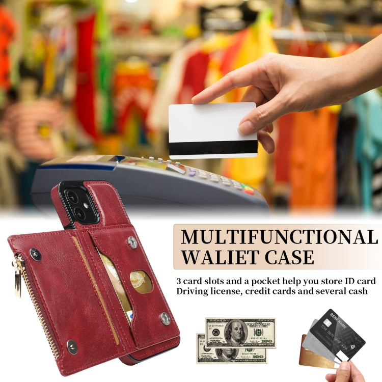 For iPhone 12 mini Zipper Wallet Bag PU Back Cover Shockrpoof Phone Case with Holder & Card Slots & Wallet