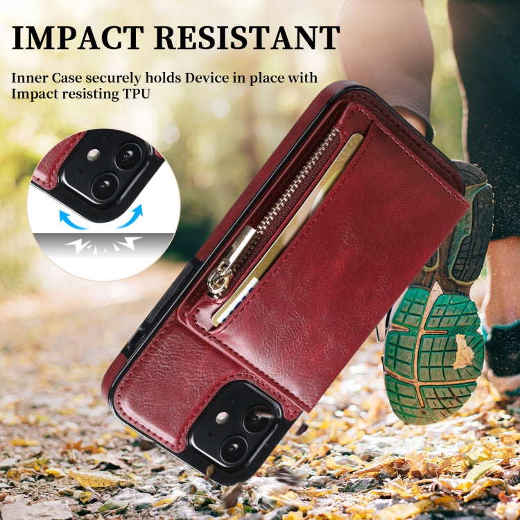 For iPhone 12 mini Zipper Wallet Bag PU Back Cover Shockrpoof Phone Case with Holder & Card Slots & Wallet