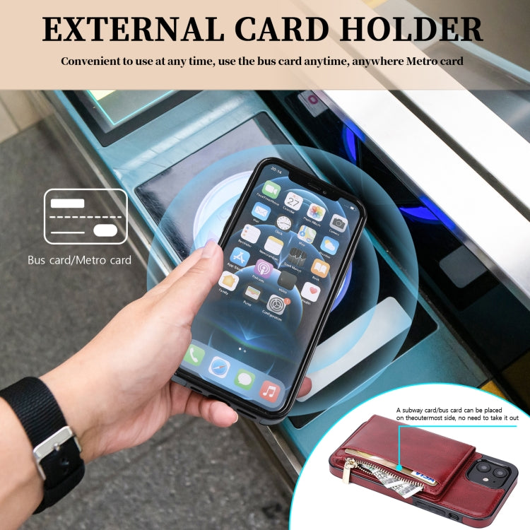 For iPhone 12 mini Zipper Wallet Bag PU Back Cover Shockrpoof Phone Case with Holder & Card Slots & Wallet