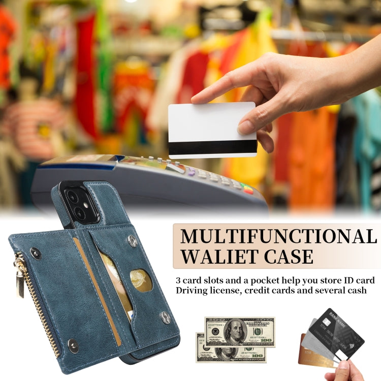 For iPhone 12 mini Zipper Wallet Bag PU Back Cover Shockrpoof Phone Case with Holder & Card Slots & Wallet