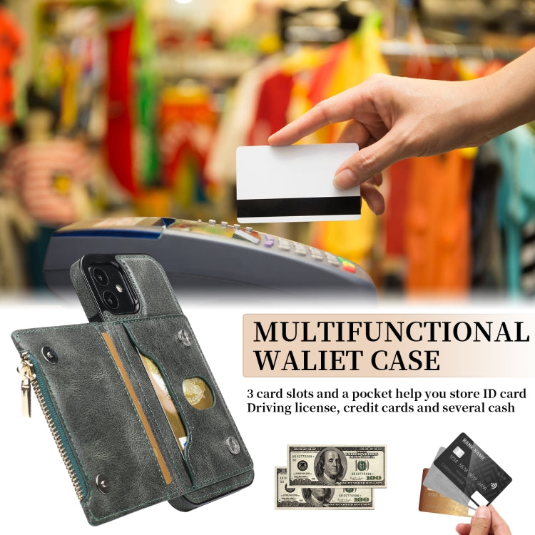For iPhone 12 mini Zipper Wallet Bag PU Back Cover Shockrpoof Phone Case with Holder & Card Slots & Wallet