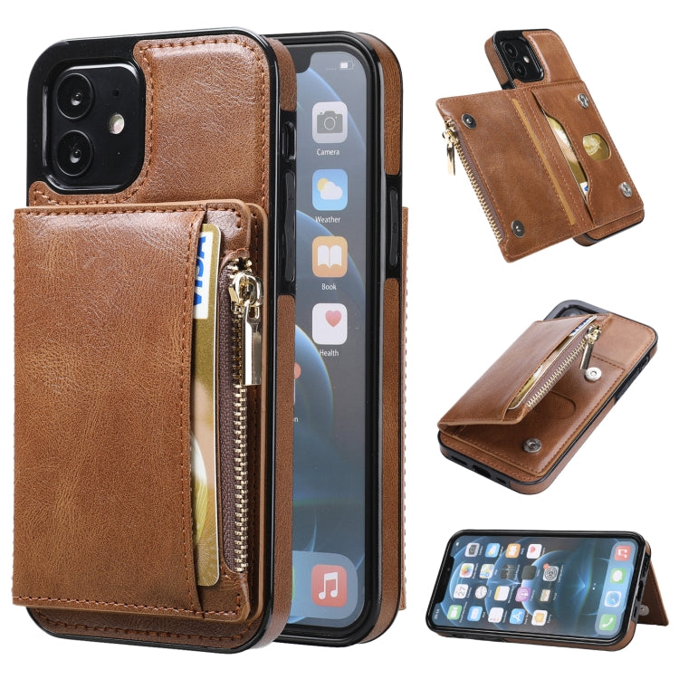 For iPhone 12 mini Zipper Wallet Bag PU Back Cover Shockrpoof Phone Case with Holder & Card Slots & Wallet