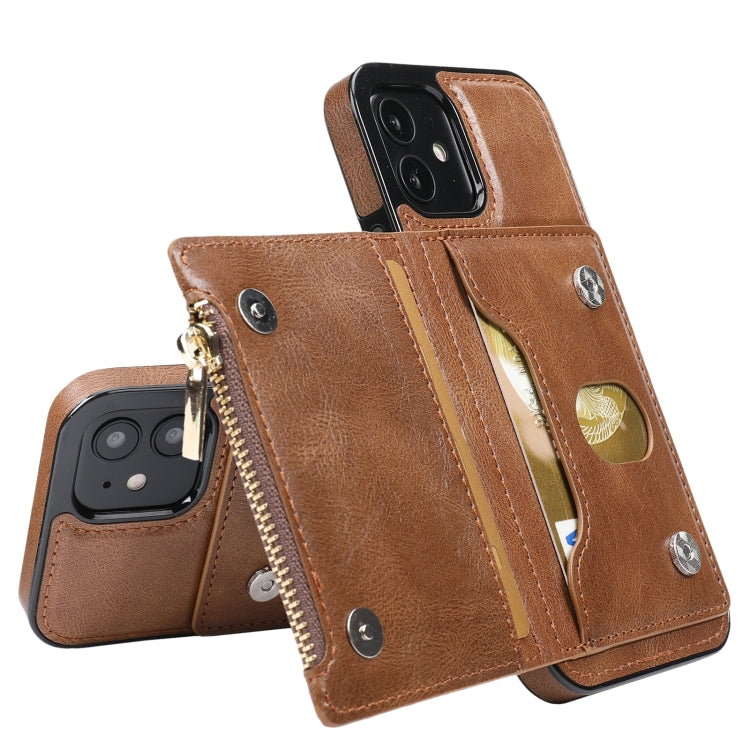 For iPhone 12 mini Zipper Wallet Bag PU Back Cover Shockrpoof Phone Case with Holder & Card Slots & Wallet