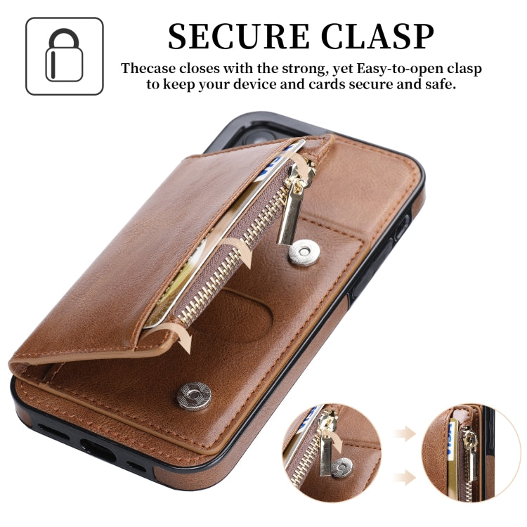 For iPhone 12 mini Zipper Wallet Bag PU Back Cover Shockrpoof Phone Case with Holder & Card Slots & Wallet