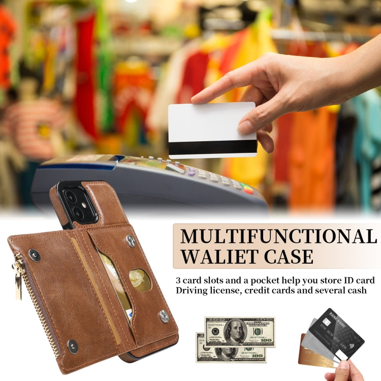 For iPhone 12 mini Zipper Wallet Bag PU Back Cover Shockrpoof Phone Case with Holder & Card Slots & Wallet