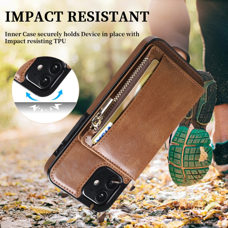 For iPhone 12 mini Zipper Wallet Bag PU Back Cover Shockrpoof Phone Case with Holder & Card Slots & Wallet