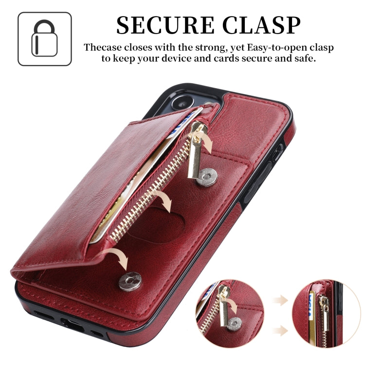 For iPhone 12 / 12 Pro Zipper Wallet Bag PU Back Cover Shockrpoof Phone Case with Holder & Card Slots & Wallet