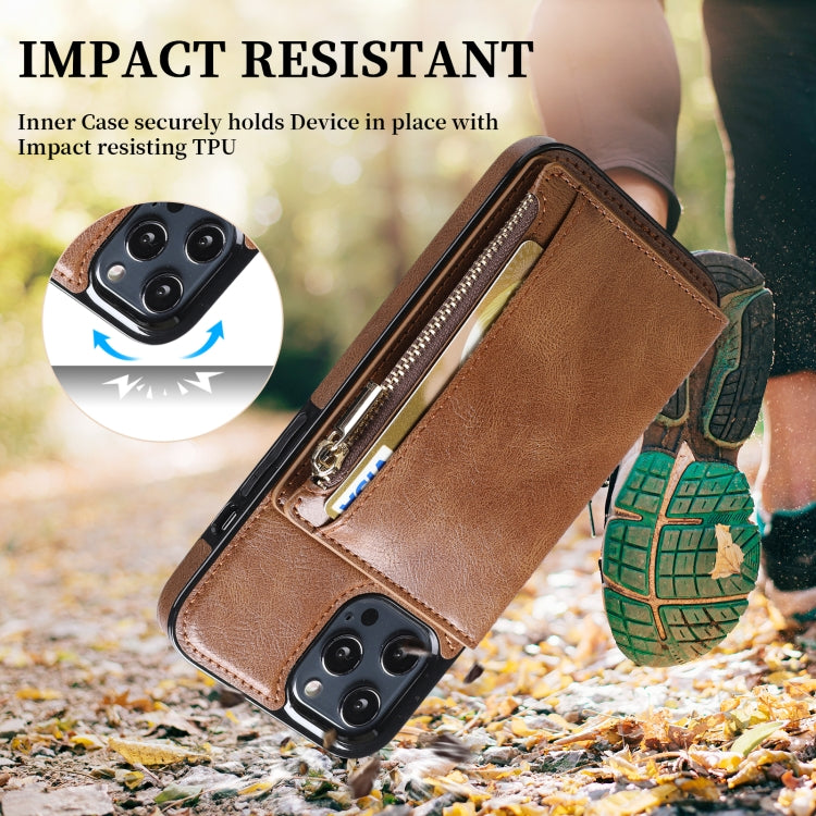For iPhone 12 / 12 Pro Zipper Wallet Bag PU Back Cover Shockrpoof Phone Case with Holder & Card Slots & Wallet
