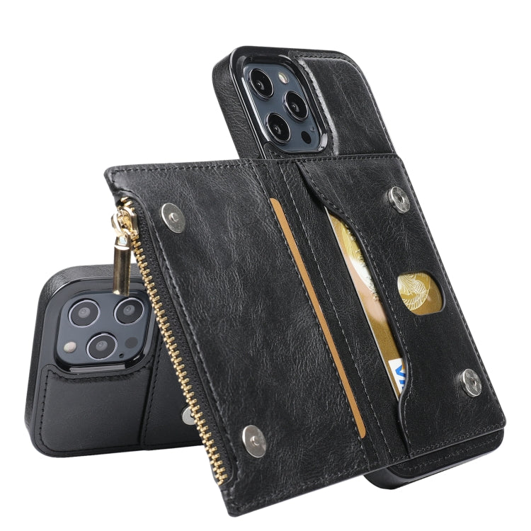 For iPhone 12 Pro Max Zipper Wallet Bag PU Back Cover Shockrpoof Phone Case with Holder & Card Slots & Wallet