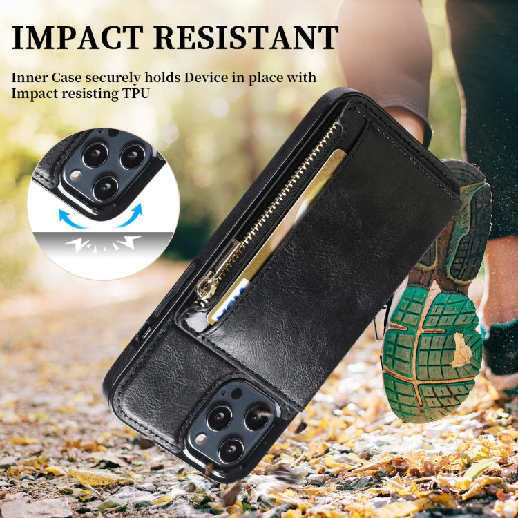 For iPhone 12 Pro Max Zipper Wallet Bag PU Back Cover Shockrpoof Phone Case with Holder & Card Slots & Wallet