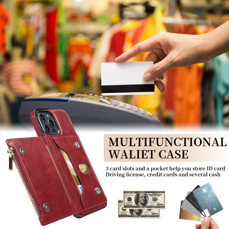 For iPhone 12 Pro Max Zipper Wallet Bag PU Back Cover Shockrpoof Phone Case with Holder & Card Slots & Wallet