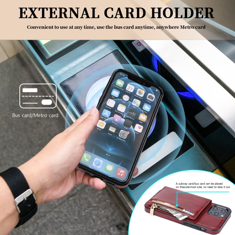 For iPhone 12 Pro Max Zipper Wallet Bag PU Back Cover Shockrpoof Phone Case with Holder & Card Slots & Wallet