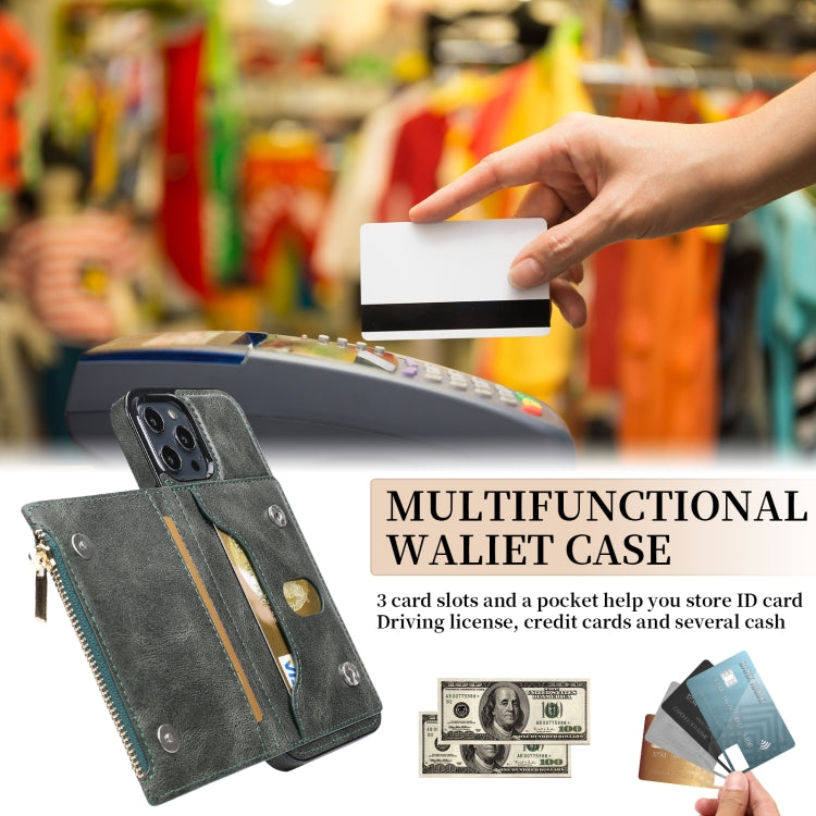 For iPhone 12 Pro Max Zipper Wallet Bag PU Back Cover Shockrpoof Phone Case with Holder & Card Slots & Wallet