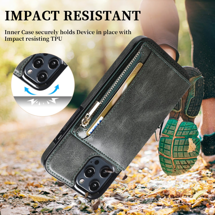 For iPhone 12 Pro Max Zipper Wallet Bag PU Back Cover Shockrpoof Phone Case with Holder & Card Slots & Wallet