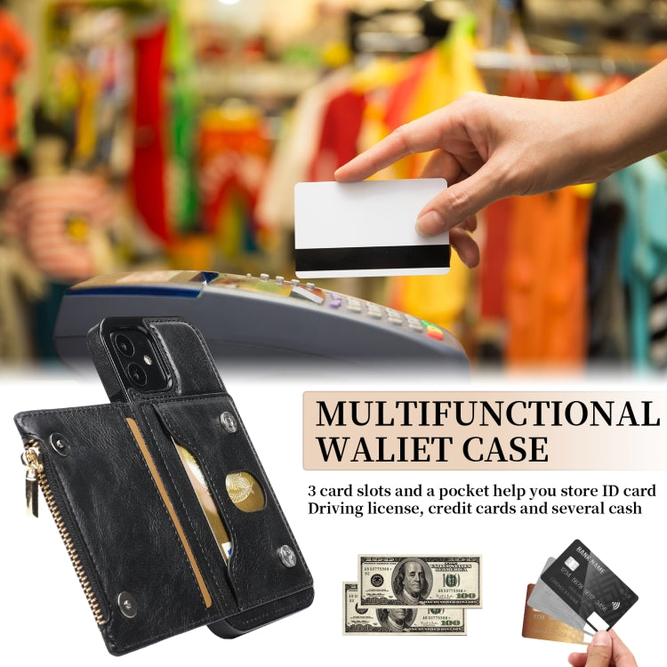 For iPhone 11 Zipper Wallet Bag PU Back Cover Shockrpoof Phone Case with Holder & Card Slots & Wallet