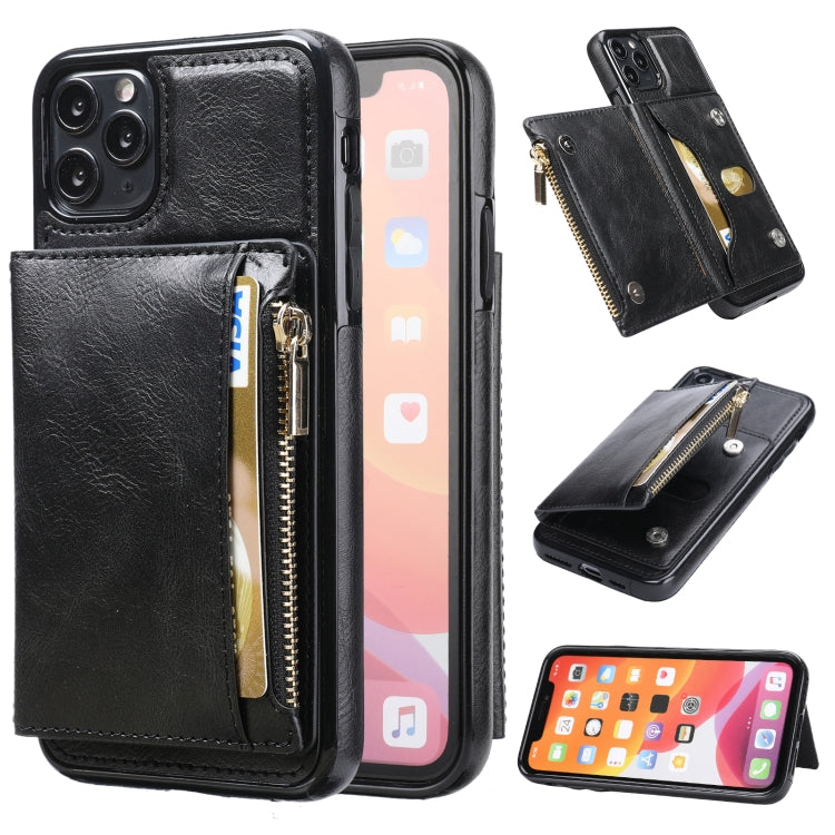 For iPhone 11 Pro Max Zipper Wallet Bag PU Back Cover Shockrpoof Phone Case with Holder & Card Slots & Wallet