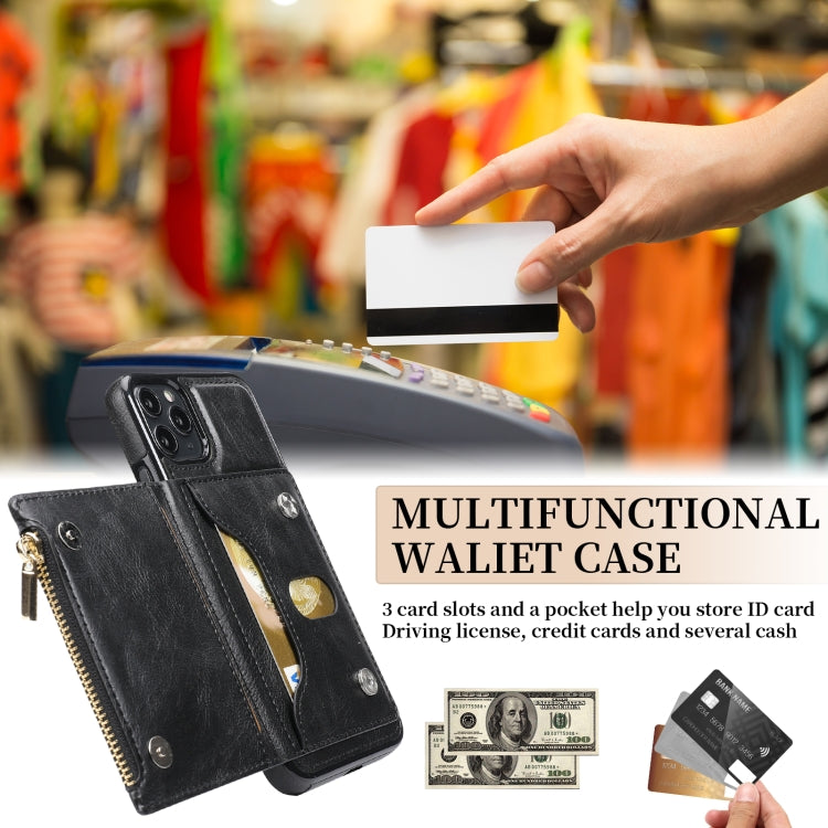 For iPhone 11 Pro Max Zipper Wallet Bag PU Back Cover Shockrpoof Phone Case with Holder & Card Slots & Wallet