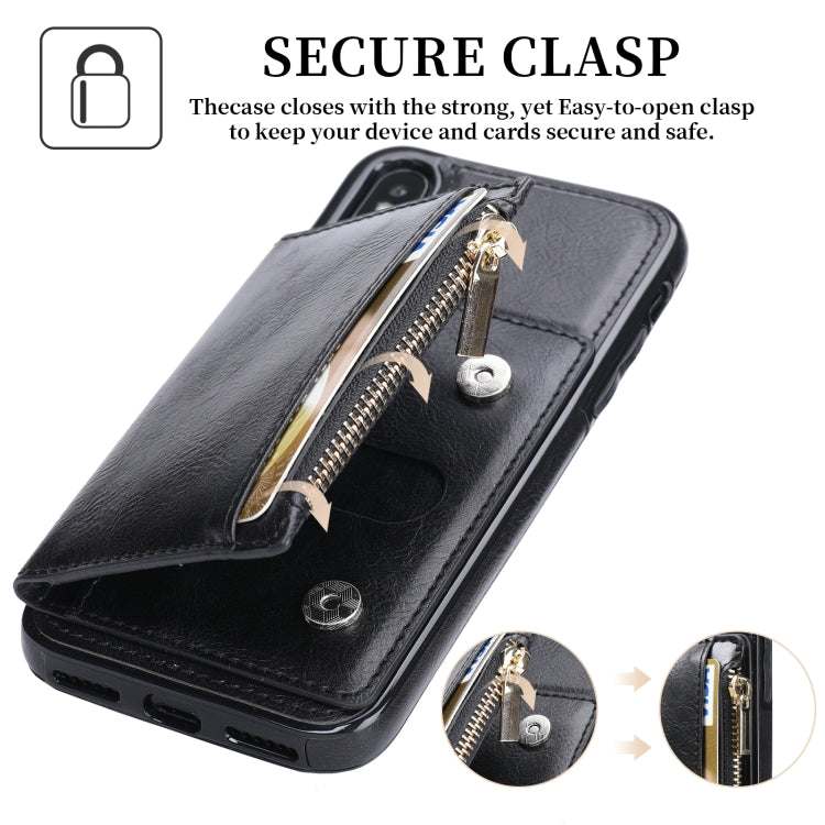 For iPhone XS Max Zipper Wallet Bag PU Back Cover Shockrpoof Phone Case with Holder & Card Slots & Wallet