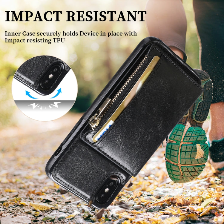 For iPhone XS Max Zipper Wallet Bag PU Back Cover Shockrpoof Phone Case with Holder & Card Slots & Wallet