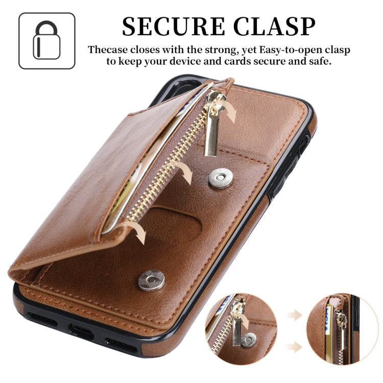 For iPhone XS Max Zipper Wallet Bag PU Back Cover Shockrpoof Phone Case with Holder & Card Slots & Wallet