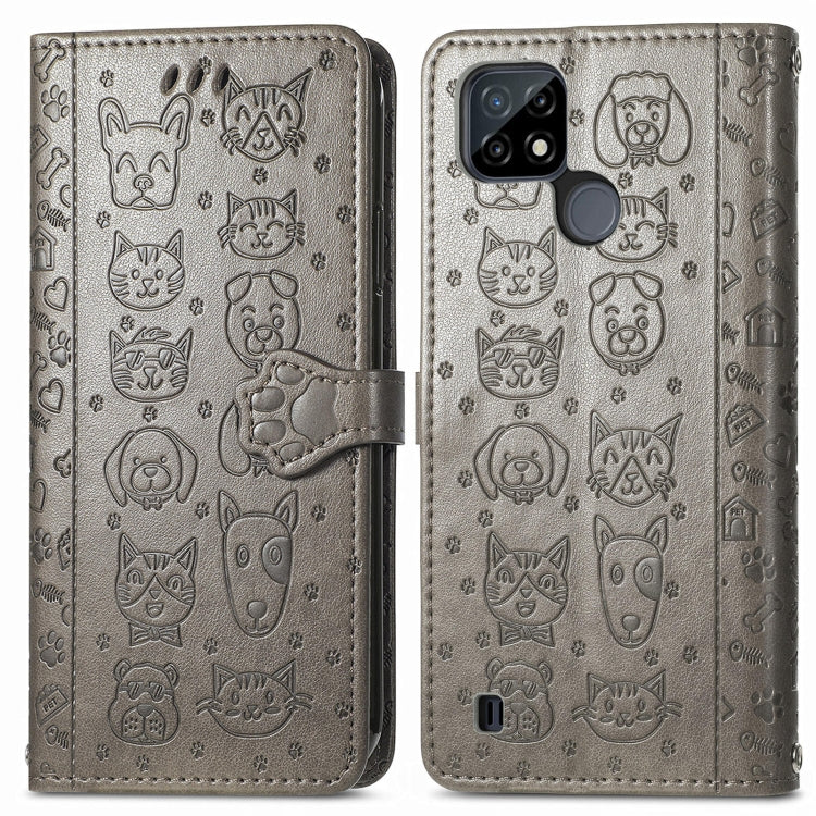 For OPPO Realme C21Y Cat and Dog Embossed Horizontal Flip Phone Leather Case with Holder & Card Slot & Wallet & Lanyard