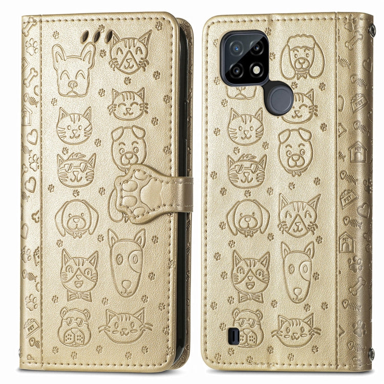 For OPPO Realme C21Y Cat and Dog Embossed Horizontal Flip Phone Leather Case with Holder & Card Slot & Wallet & Lanyard