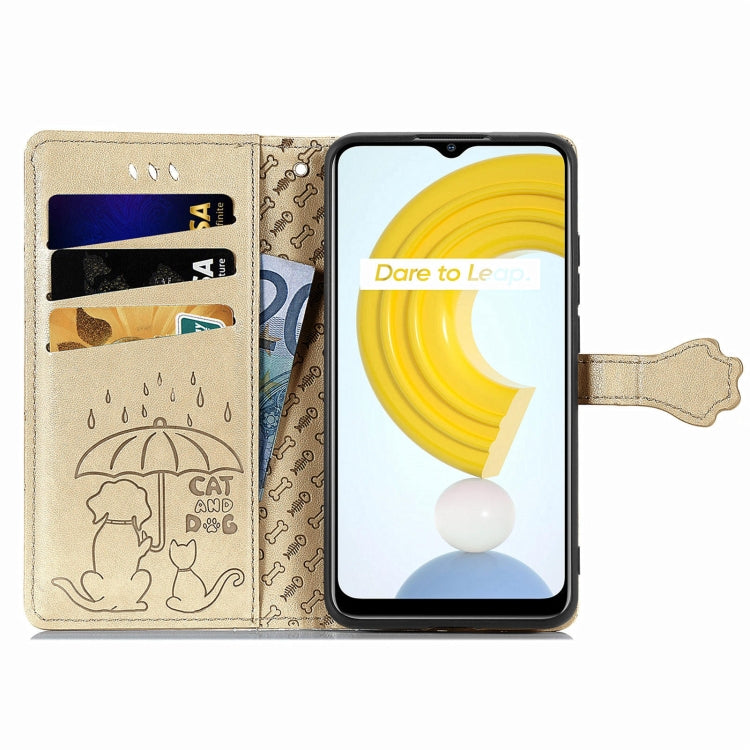 For OPPO Realme C21Y Cat and Dog Embossed Horizontal Flip Phone Leather Case with Holder & Card Slot & Wallet & Lanyard
