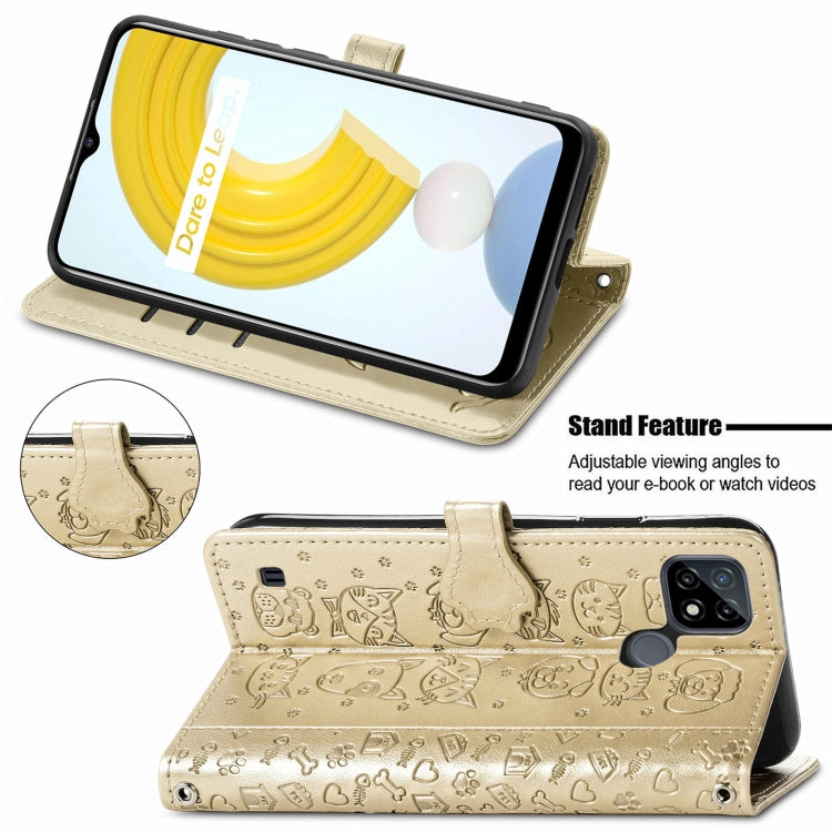 For OPPO Realme C21Y Cat and Dog Embossed Horizontal Flip Phone Leather Case with Holder & Card Slot & Wallet & Lanyard